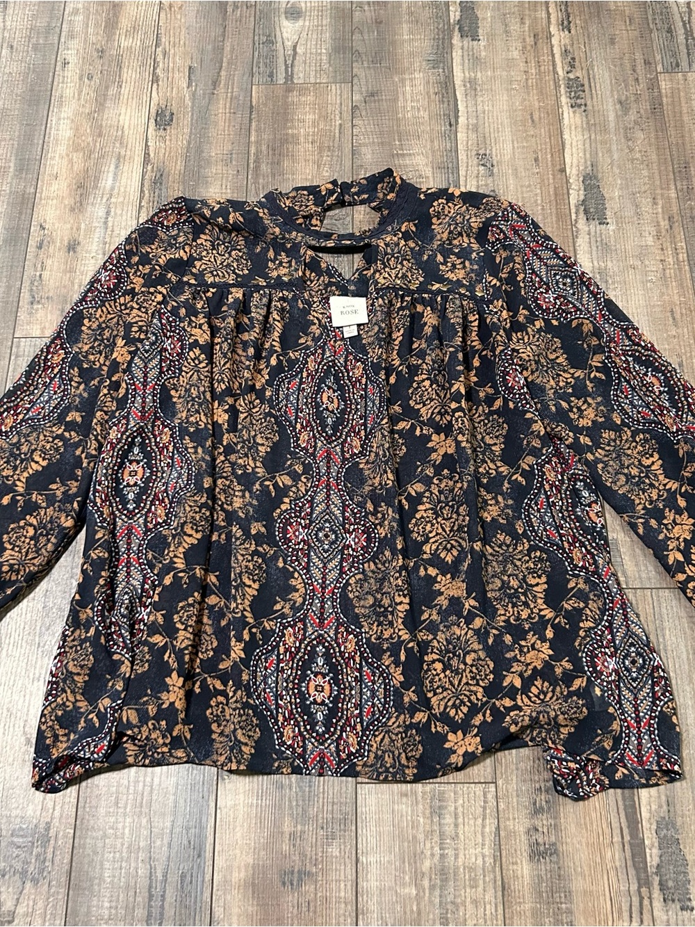 Knox Rose Blouse 1X Blue Floral Embroidered Boho Tunic Top Long Sleeve Keyhole